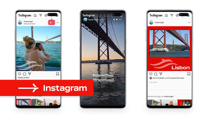 Drei Handys mit Screenshots des FRS-Portugal-Instagram-Kanals.