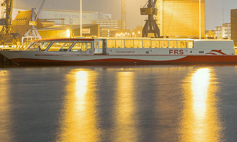 Vessel in the shipyard of Stralsund in the evening lights.