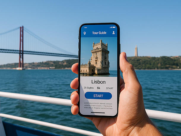 A mobile phone being held up in front of the Bridge of April 25th on a FRS Portugal Ship
