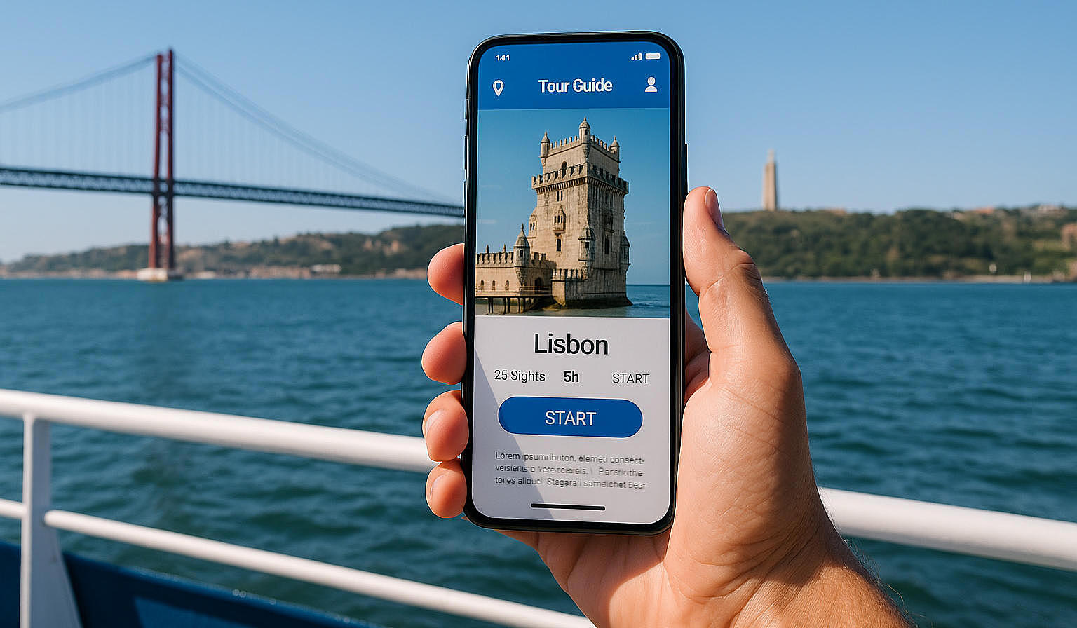 A mobile phone being held up in front of the Bridge of April 25th on a FRS Portugal Ship