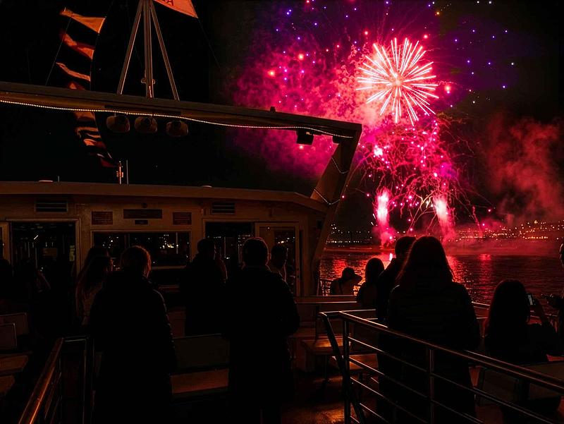 Feux d’artifice dans le ciel vus depuis le pont extérieur du MS "Schaprode".