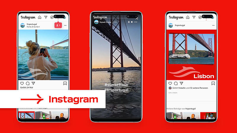 Drei Handys mit Screenshots des FRS-Portugal-Instagram-Kanals.