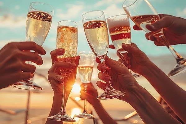 Manos tintineando copas de champán en una fiesta de verano al atardecer