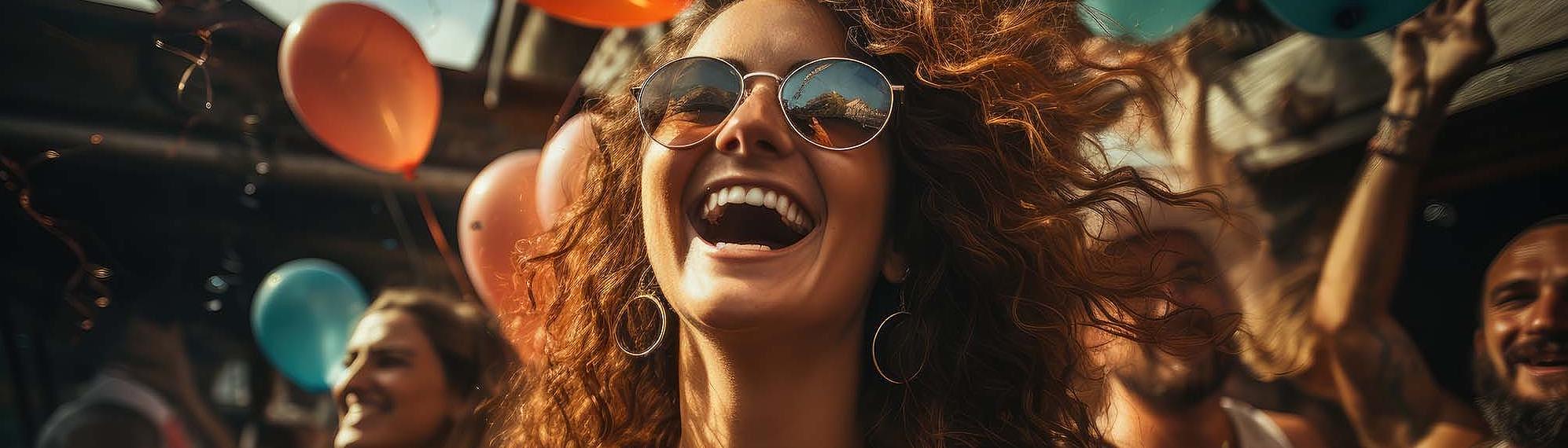 A happy woman celebrates at the Love Float boat party by FRS Portugal in Lisbon
