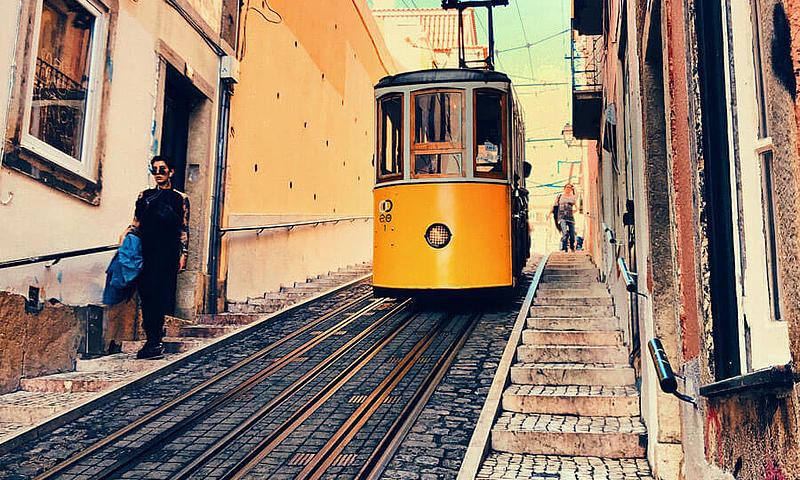 The Elevador da Bica in Lisbon from bottom view.