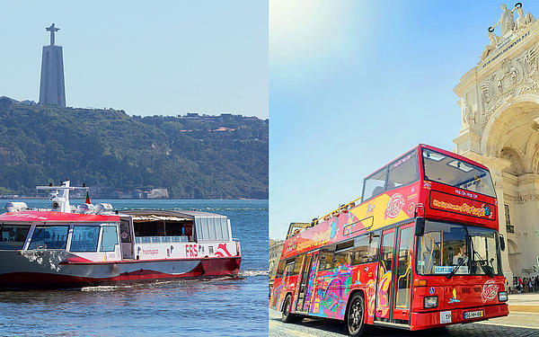 Vessel on the Tagus in front of Cristo Rei on the left side, CitySightseeing bus at the Praça do Comércio on the right side.