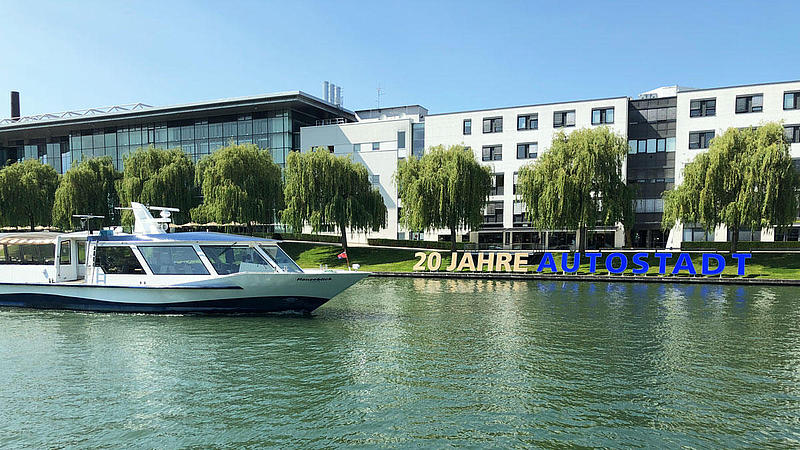 Vessel in front of the Autostadt sign.