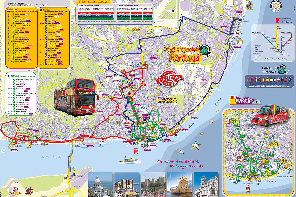 Karte mit den Routen des Busses von CitySightseeing Portugal.