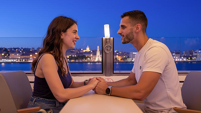 Paar hält sich an den Händen an Bord einer Lissabon-Nachtfahrt, mit Stadtlichtern im Hintergrund