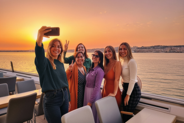 Um grupo de jovens mulheres a bordo de um navio da FRS Portugal tira uma selfie durante o cruzeiro ao pôr-do-sol.
