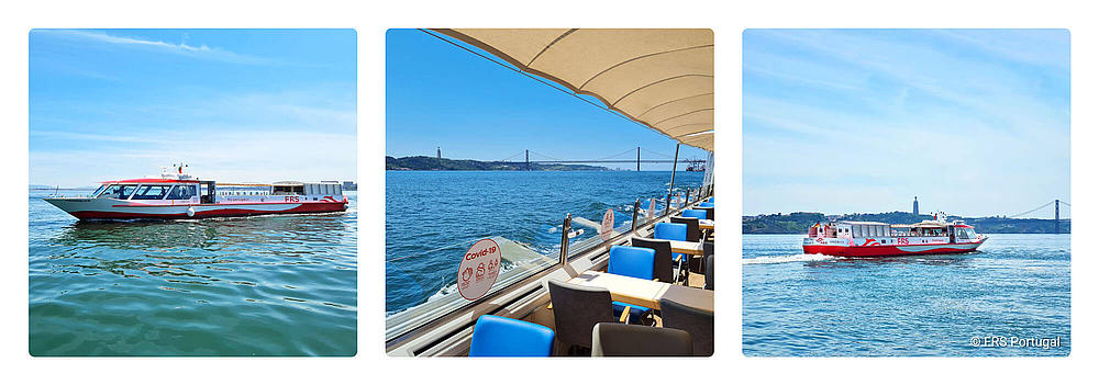 Drei kleine Bilder vom Schiff auf dem Tagus, Innen- und Außenansicht.