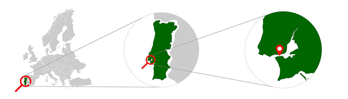 Stylized map with magnifying glass icon and zoom to the place where the cruises take place in Lisbon.