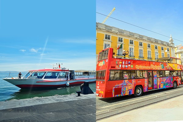 A boat and a bus in a collage A collage of a sightseeing boat on the tagus river and a bus in Lisbon