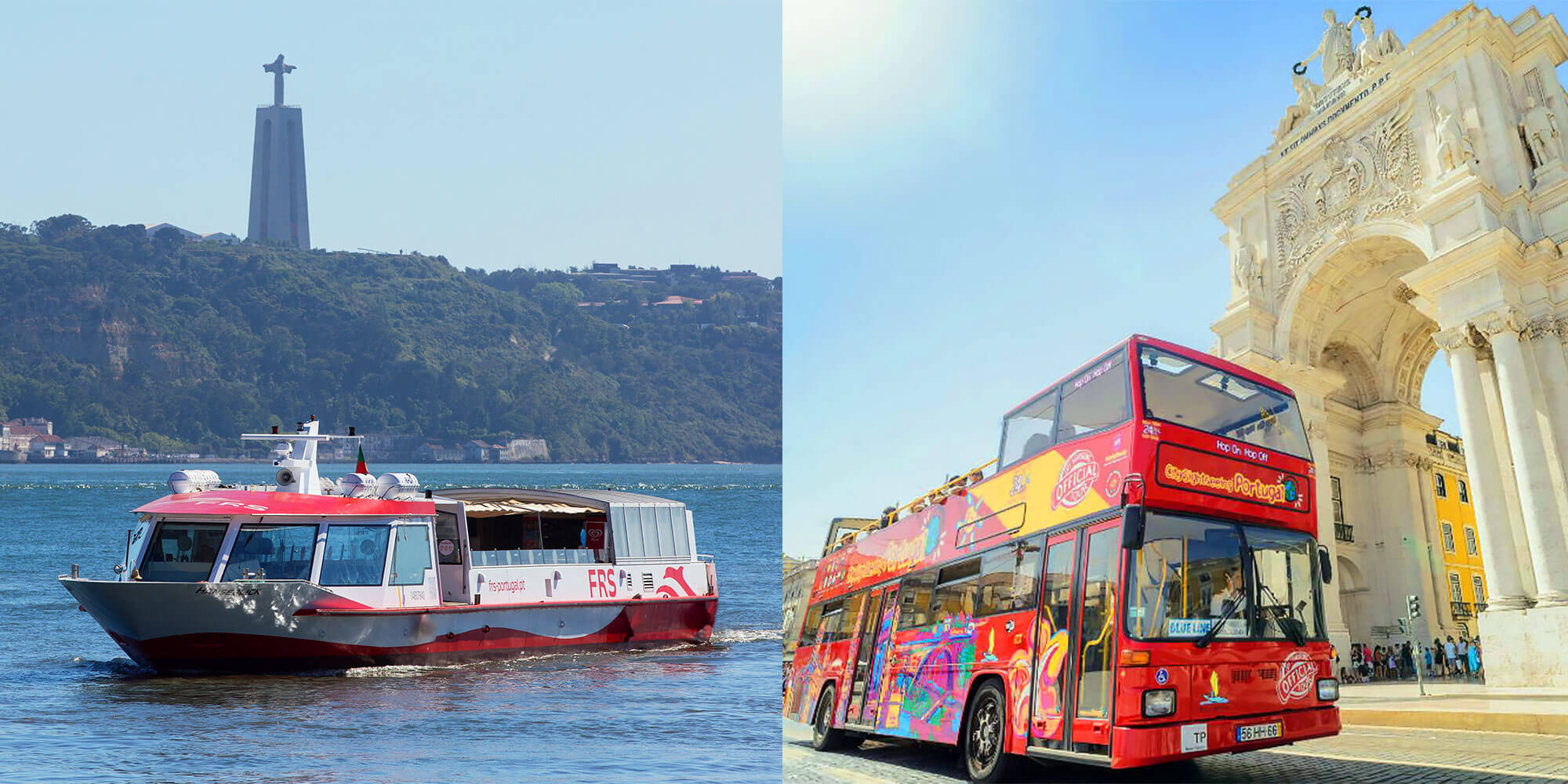Collage of a boat and a bus Vessel on the Tagus in front of Cristo Rei on the left side, CitySightseeing bus at the Praça do Comércio on the right side.