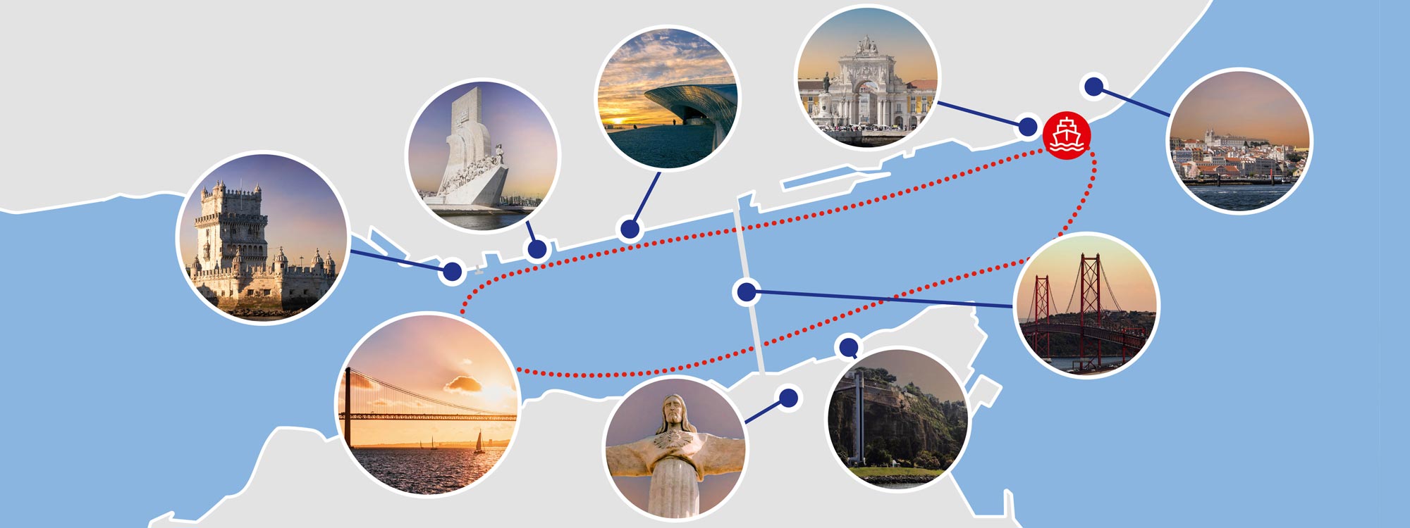 A stylized map of the Targus River with sightseeing spots of Lisbon